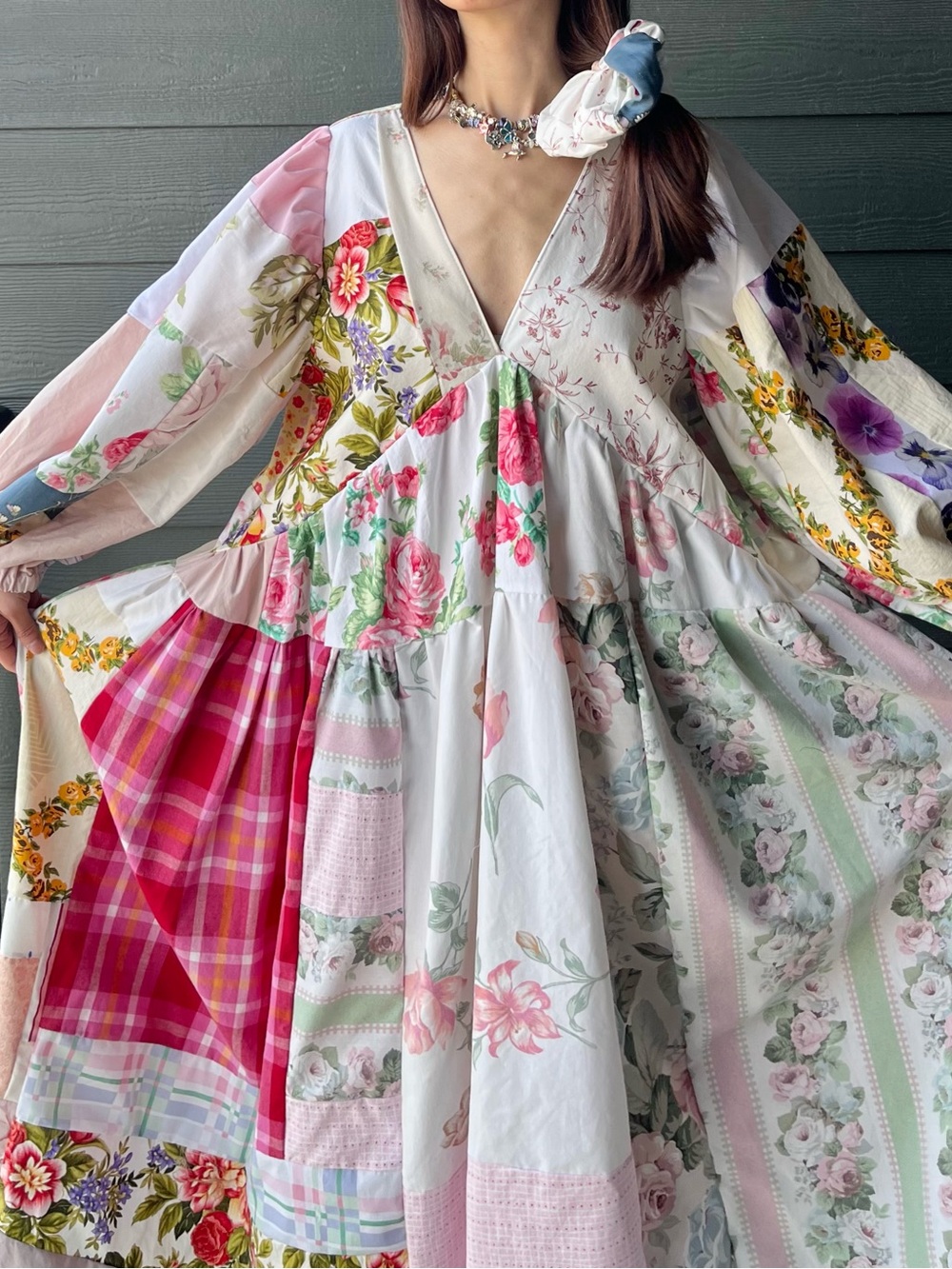 Cloudy Dress | Handmade V-Neck Patchwork Dress in Rose Canvas SKU 08223